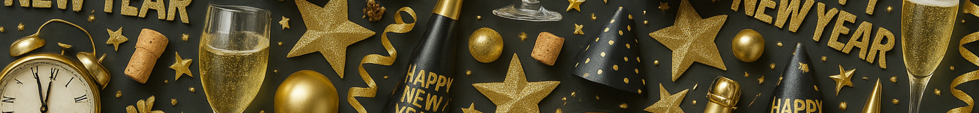 collage of new years celebration items like champaign, clocks, streamers and stars.