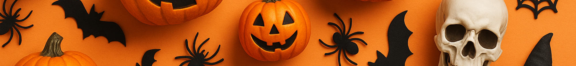 collage image of jack-o-lanterns, skulls, hats, and other Halloween items