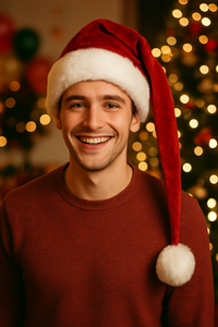Young man smiling at a Christmas party, wearing a handmade red Velvet Santa hat with white fur trim and a long fluffy pom that hangs about 8 inches below his shoulder, with a decorated Christmas tree glowing in the background.
