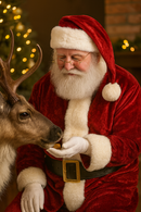Older man dressed as Santa Claus wearing a handmade red Velvet Santa hat with white fur trim and fluffy pom, smiling while feeding a reindeer indoors by a Christmas tree.