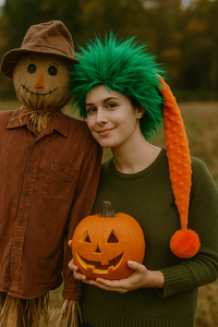 A young woman wearing a spiky green wig and long orange hat with a fluffy pom-pom leans against a scarecrow dressed in a brown shirt and hat. She smiles softly while holding a carved jack-o’-lantern in her hands.