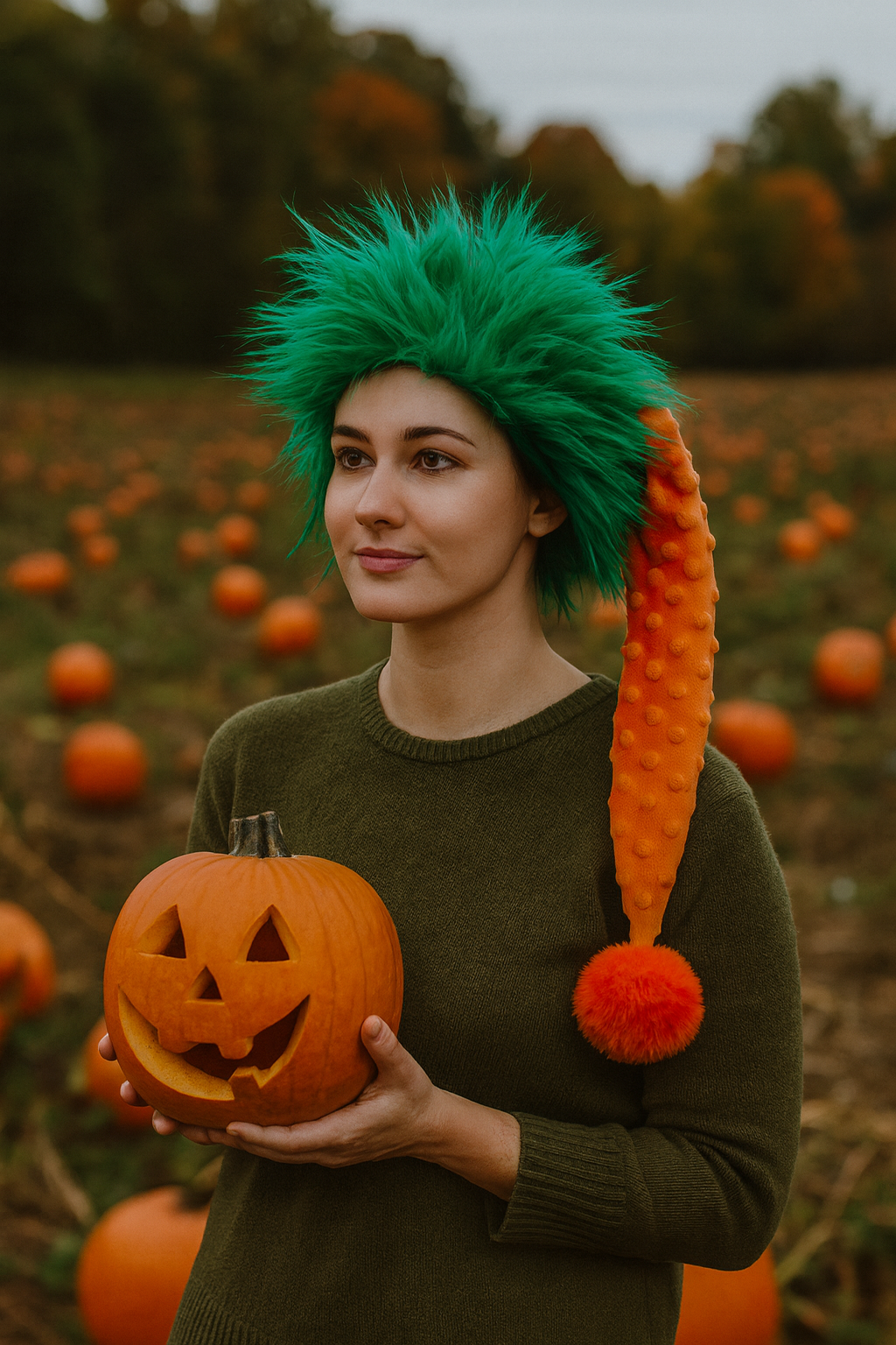 Bumpy Orange  Hat with Fluffy Green and Orange