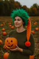 A young woman standing in a pumpkin patch holds a carved jack-o’-lantern. She is wearing a bright green spiky hat with a long orange textured tail ending in a fluffy orange pom-pom.