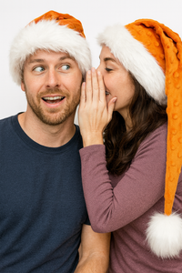 A group of four young adults sit on a rustic split rail fence at sunset, all laughing and wearing handmade orange bumpy holiday hats with white trim and fluffy white pom-poms.