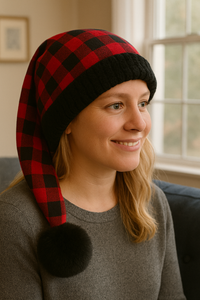 Blonde woman in a gray sweater wearing a red and black buffalo plaid hat with black faux fur trim and pom, sitting indoors by a window, mirrored view.