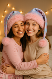 Sparkle at your pajama party with our shimmering pastel tie-dye hat! Handmade with fluffy pink trim & pom-pom for cozy, playful fun.