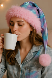 A young woman in pajamas drinks coffee while wearing a shimmering pastel tie-dye hat with fluffy pink trim, the shortened pom-pom resting at mid-chest.
