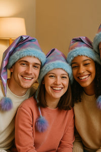 Four friends sitting together indoors, all wearing handmade shimmering pastel tie-dye hats with light blue trim and purple-blue pom-poms, smiling warmly in a cozy living room setting.