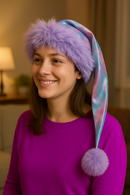 Smiling woman indoors wearing a shimmering pastel tie-dye hat with lavender faux fur trim and fluffy purple pom, paired with a bright purple top.
