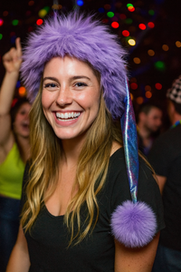 A smiling young woman at a lively party wearing a shimmering pastel hat with a fluffy purple trim and large purple pom-pom, surrounded by colorful lights and blurred partygoers in the background.