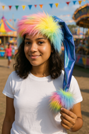 A young woman at a daytime carnival wears a handmade Shimmering Pastel Tie-dye Hat with rainbow faux fur trim and a matching rainbow pom-pom, smiling gently in a white T-shirt.