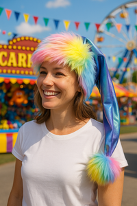 Adult wearing a handmade Shimmering Pastel Tie-dye Hat with rainbow trim and rainbow pom-pom, smiling at a daytime carnival scene.