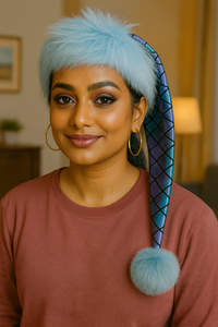 A glamorous young Indian woman with medium brown skin is wearing a fluffy light blue faux fur hat with an iridescent mermaid-scale patterned tail ending in a large blue pom-pom. She has gold hoop earrings, styled makeup with bronze eyeshadow and deep pink lipstick, and is dressed in a maroon top. The indoor background is softly lit with warm tones, including a lamp and framed wall art.