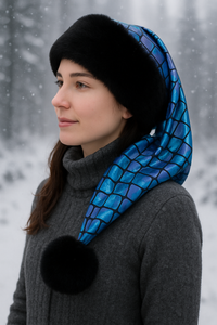 A young woman wearing a gray turtleneck coat stands in a snowy outdoor scene. She is wearing a shimmering mermaid-scale patterned hat with a black faux fur brim and a long tail that ends in a fluffy black pom. Snow is falling gently around her, and blurred snow-covered trees are visible in the background.