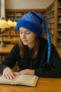 A young woman sits at a wooden table in a library, reading a book while wearing a shimmering mermaid-scale hat with blue trim and a black pom-pom.