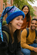 Adult students on a college campus wearing the Shimmering Mermaid Scales Hat with blue trim and black pom-pom, showing its shimmering scale pattern and playful droop.