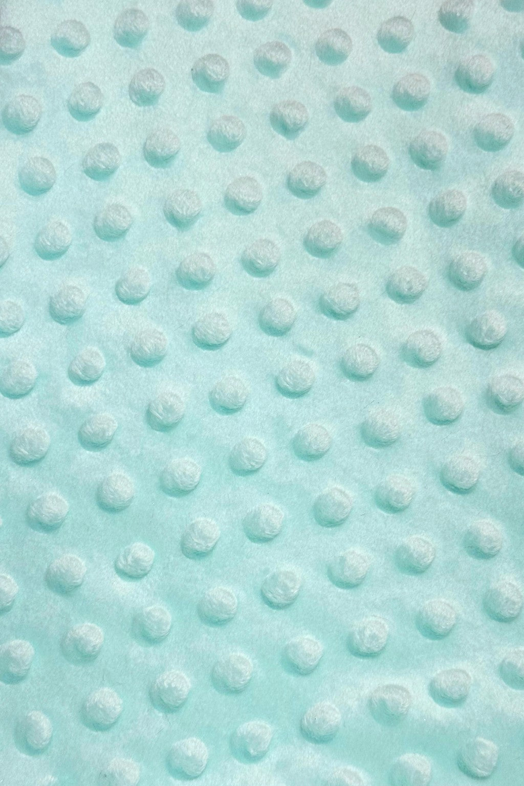 Close-up of light aqua-blue minky fabric with a raised dotted texture pattern.