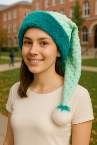 A young woman wearing a bumpy aqua Santa-style hat with a fluffy white pom-pom stands on a college campus. She smiles softly while dressed in a plain beige shirt, with red brick academic buildings, green lawns, and autumn leaves visible in the background.