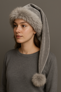 A young woman with fair skin and long brown hair sits in front of a fireplace wearing a silver Velvet Santa-style hat with fluffy gray faux fur trim and pom-pom. The hat extends slightly past her shoulder, appearing about two inches longer than the previous version. She wears a gray sweater and gazes calmly toward the fire, with warm light illuminating her face."