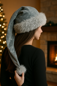 "A young woman with long brown hair wears a gray Velvet hat trimmed with fluffy light gray fur and decorated with jewels. She is shown from behind in a cozy indoor setting with a glowing fireplace and a blurred Christmas tree in the background, holding the hat’s long tail with a fur pom-pom."