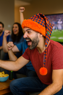Adult wearing Florida Gators handmade hat with orange trim and pom-pom while cheering at an indoor football game.