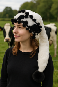 A young woman outdoors in a grassy field stands near a cow, wearing a white faux fur hat with black cow-print trim and black pom-pom accents, including a large black pom-pom at the end of the long tail of the hat.