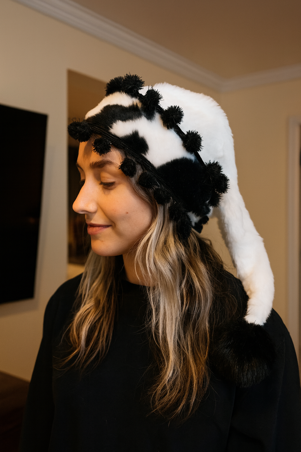 White Velvet Hat with a Cow and Black Mini's