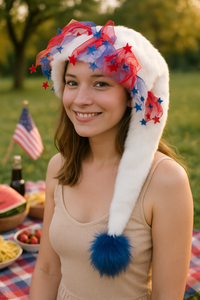 A young woman is sitting outdoors at a picnic on a checkered red, white, and blue blanket. She is smiling and wearing a festive white faux fur holiday hat decorated with red and blue star accents and sheer ribbon. The hat’s long tail extends down to rest just above her chest, ending with a fluffy blue pom-pom. In the background, picnic food such as watermelon, chips, and strawberries can be seen, along with an American flag, creating a cheerful holiday atmosphere.
