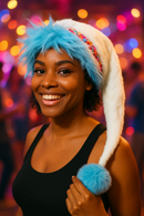 The image shows a young African American woman smiling brightly at a festive party. She is wearing a playful white faux fur hat with a row of colorful beads along the trim, light blue spiky faux fur hair peeking out, and a fluffy blue pom-pom at the end of the hat’s tail, which has been made thinner. The background is blurred with warm, colorful party lights.