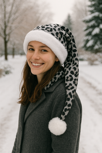 Smiling woman outdoors in a snowy park, wearing a handmade gray leopard print hat with soft white trim and a fluffy white pom-pom draped over her shoulder.