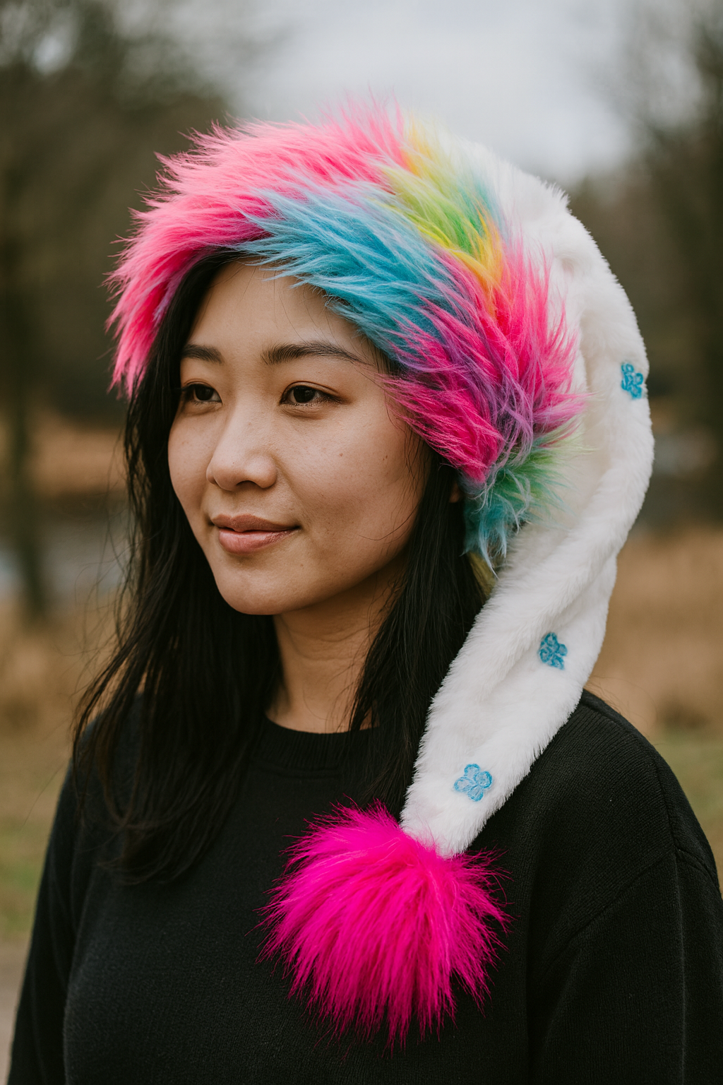 White VelvetGummy Bear Hat with Rainbow and Pink