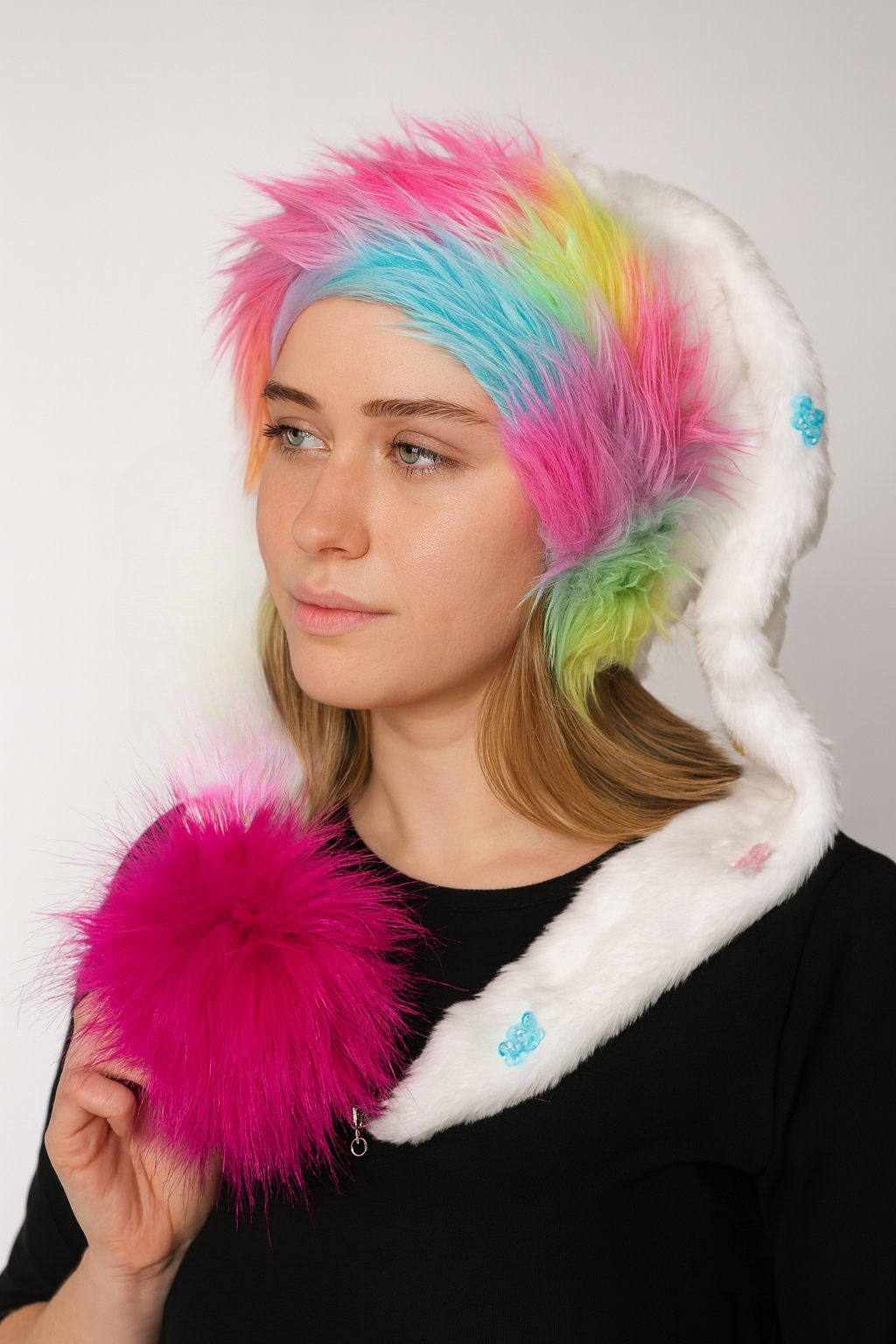 White VelvetGummy Bear Hat with Rainbow and Pink