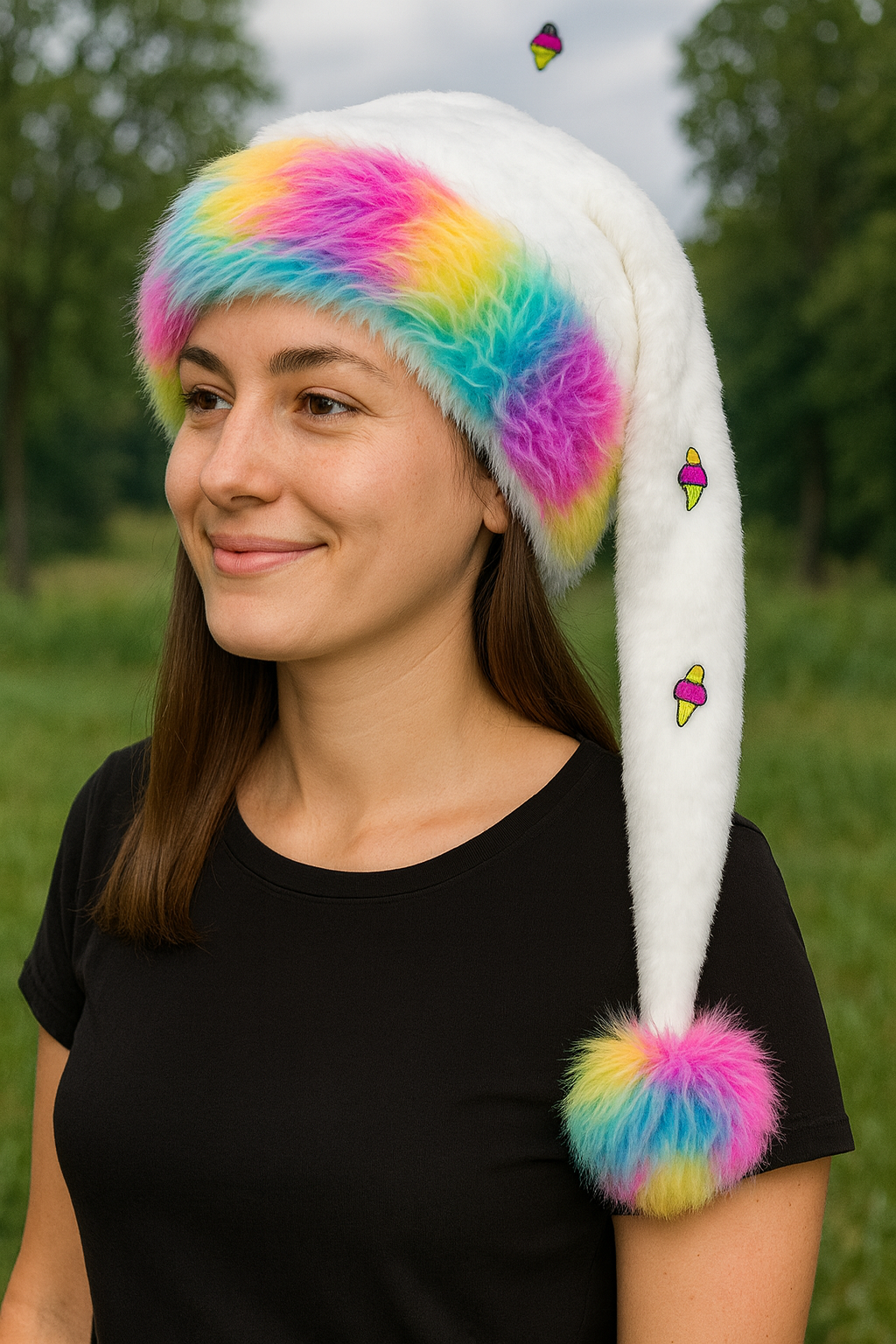 White Velvet Ice Cream Hat with Rainbow