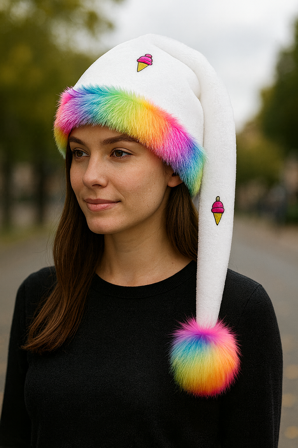 White Velvet Ice Cream Hat with Rainbow