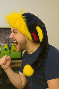 A young man with light skin and a beard is cheering excitedly at a TV while wearing a playful Santa-style hat. The hat is made of black faux fur with bright yellow shaggy fur on top, red and yellow ear-like inserts on the side, and a long black tail ending in a fluffy yellow pom-pom. He is dressed in a navy t-shirt, clenching his fist in celebration, with a blurred television showing a sports game in the background.