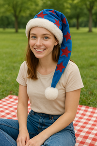A young woman with light skin and straight brown hair sits on a red-and-white picnic blanket in a park, smiling with her eyes open. She wears a blue Velvet Santa-style hat with red stars, a white faux fur trim, and a shortened tail so the fluffy pom-pom rests at mid-chest.