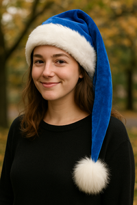 A young woman with light brown hair smiles gently while wearing a long royal blue Santa hat with white faux fur trim and a fluffy white pom-pom that rests at her chest, standing outdoors against a blurred background of autumn trees.