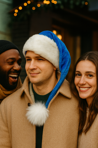 A man  wears a bright blue Santa hat with white trim and a large fluffy white pom-pom