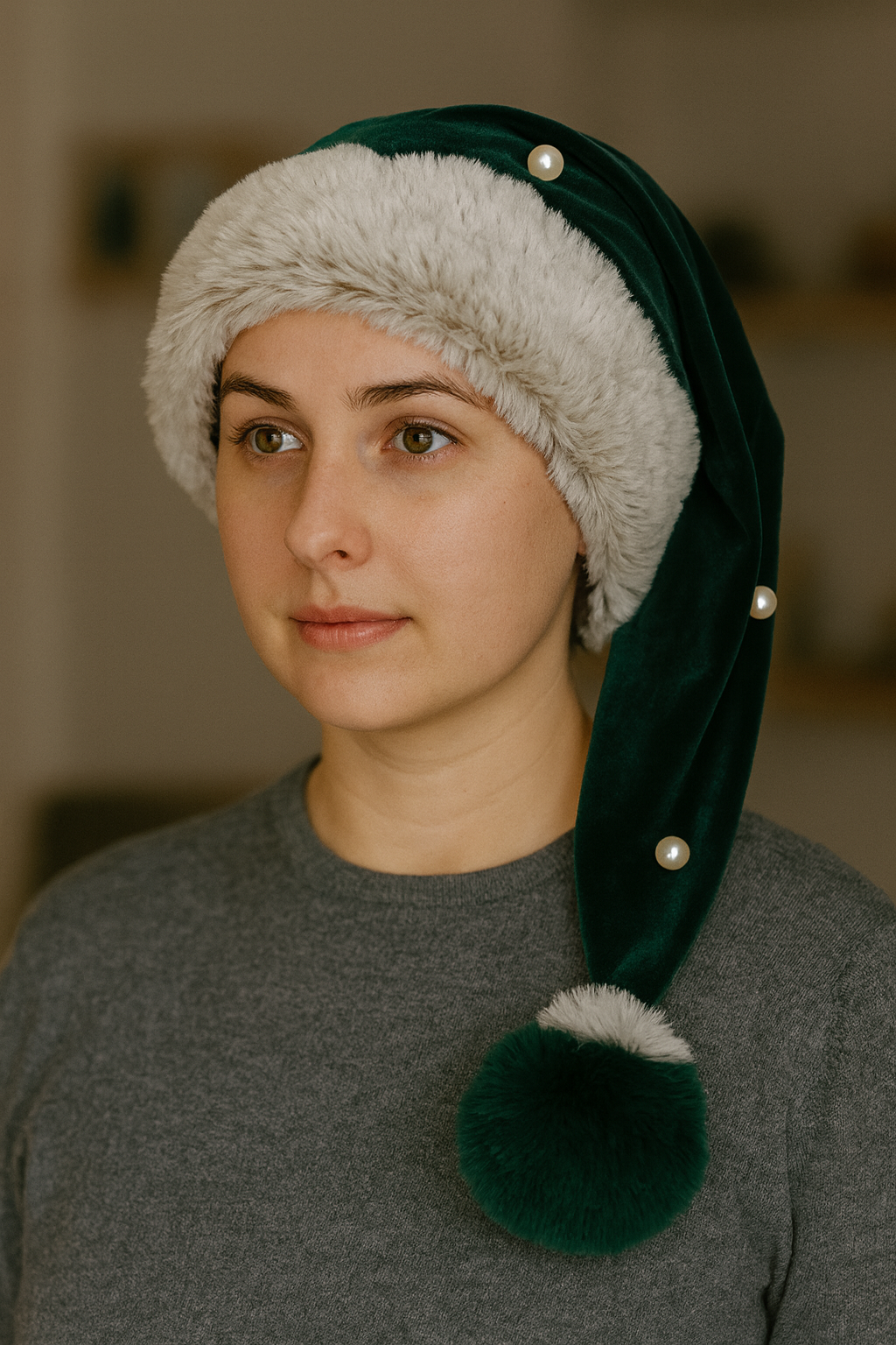 Forrest Green Velvet Hat and Pearl Accents with Fur