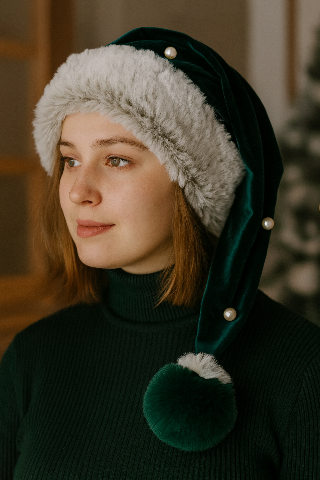 Forrest Green Velvet Hat and Pearl Accents with Fur