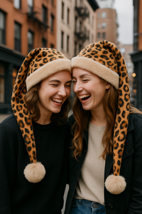 Two young women laughing together on a city street, both wearing handmade leopard print hats with light tan trim and matching tan pom-poms that droop to their shoulders.