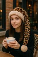 Adult wearing handmade leopard print hat with tan trim and pom-pom in an outdoor scene, the pom-pom hanging about 8 inches below the shoulder.
