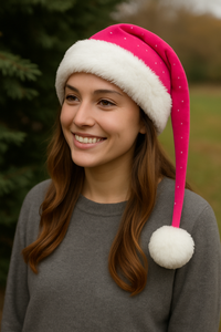 A young woman stands outdoors wearing a bright pink Santa hat with white faux-fur trim and a fluffy pom-pom that rests near her shoulder. She smiles warmly while dressed in a simple gray sweater, with blurred greenery in the background creating a festive yet natural setting.