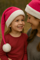A young girl wearing a bright pink Santa hat with white faux-fur trim and a fluffy pom-pom smiles warmly while looking up at her mother, who is partly visible on the right. The child, dressed in a red sweater, is the focus of the photo, with the blurred outdoor background adding a cozy and festive atmosphere.