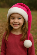 A smiling young girl, around 6 to 8 years old, wears a bright pink Santa hat with white faux-fur trim and a fluffy pom-pom resting near her shoulder. She is dressed in a red sweater and stands outdoors against a blurred background of autumn leaves and greenery.