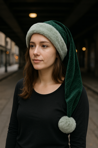A young woman with light brown hair and fair skin stands in an urban underpass, wearing a dark green Velvet Santa-style hat with pale green faux fur trim and a matching faux fur pom-pom at the end. She has a calm expression and is dressed in a simple black top, with warm overhead lights glowing softly in the background.