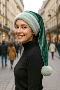 A smiling woman wearing a green Velvet Santa-style hat with a light green faux fur trim and pom-pom stands on a busy city street, with blurred pedestrians and historic buildings in the background.