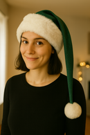 A young woman with shoulder-length dark hair smiles indoors while wearing a long green sparkly Velvet Santa-style hat with white faux fur trim and a fluffy white pom-pom hanging below her shoulder. She is dressed in a plain black top, with warm blurred indoor lights in the background.