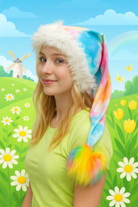 A young woman with blonde hair smiles softly while wearing a pastel tie-dye Santa-style hat with fluffy white faux fur trim and a rainbow-colored pom-pom. She stands in a bright, fun spring scene with illustrated green hills, daisies, tulips, butterflies, a rainbow, and a windmill in the background.