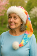 A mature woman with gray hair smiles softly while wearing a pastel tie-dye Santa-style hat with fluffy white faux fur trim and a large white pom-pom. She is dressed in a pastel blue shirt and standing outdoors in a spring garden with blurred greenery and blossoms in the background."